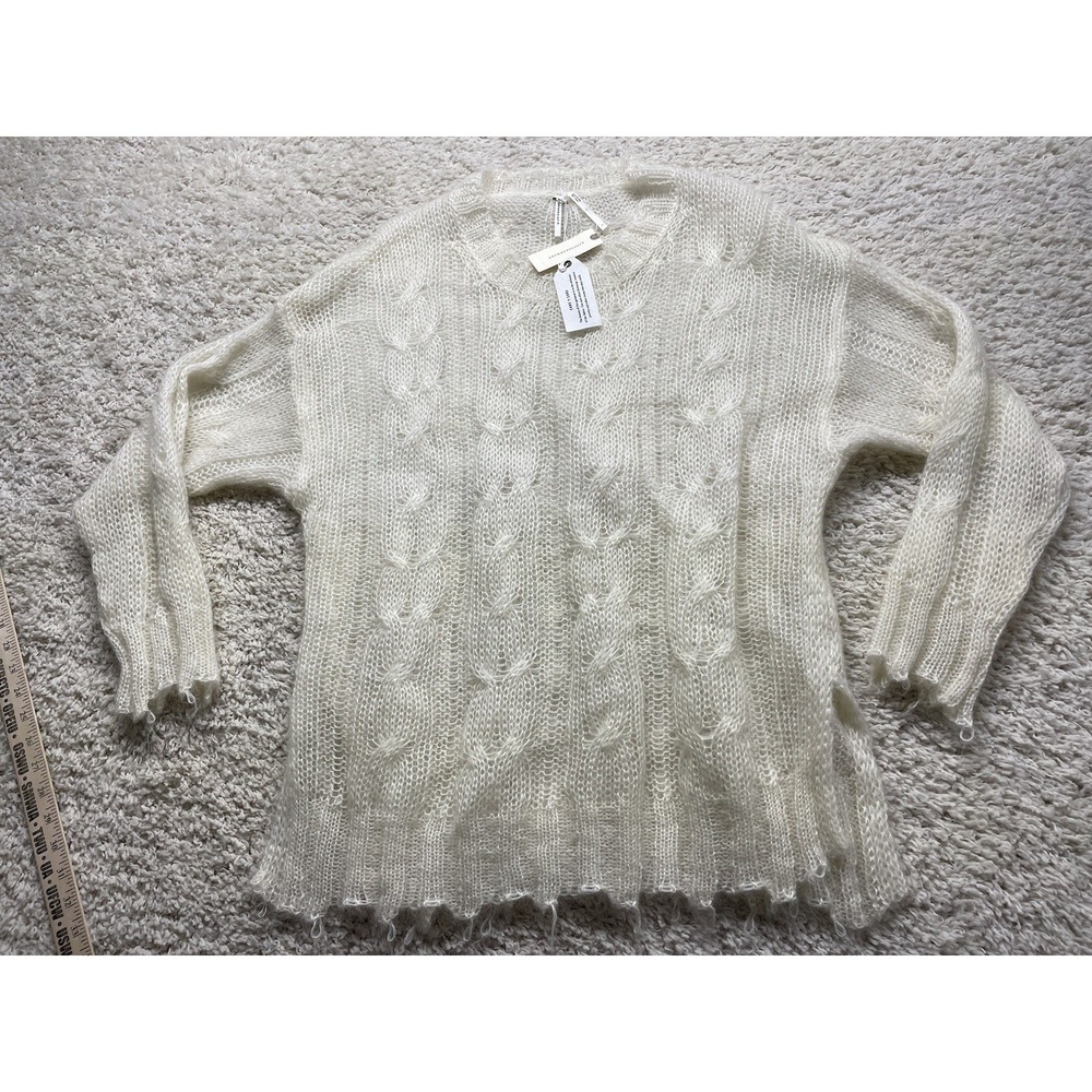 Anthropologie The Posey Stitchy Distressed Wool Blend Ivory Sweater Size L NWOT
